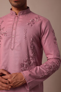 Pink Linen Kurta Set With Hand Work