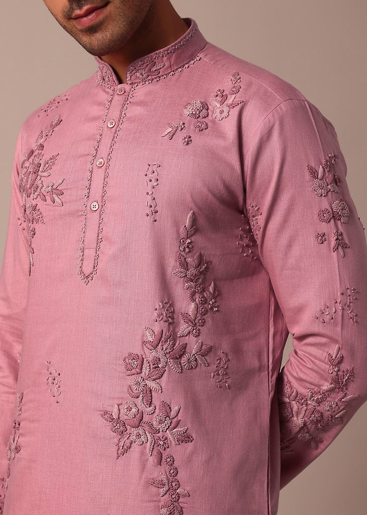 Pink Linen Kurta Set With Hand Work