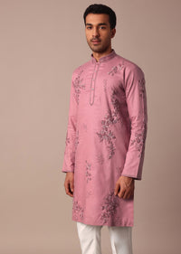 Pink Linen Kurta Set With Hand Work