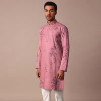 Pink Linen Kurta Set With Hand Work