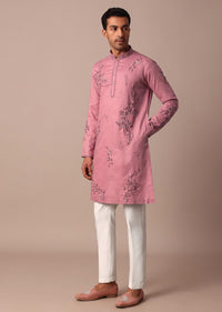 Pink Linen Kurta Set With Hand Work