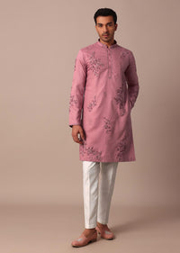 Pink Linen Kurta Set With Hand Work