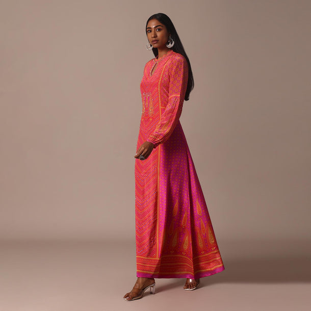 Pink Long Tunic Kurti In Crepe With Print And Resham Work