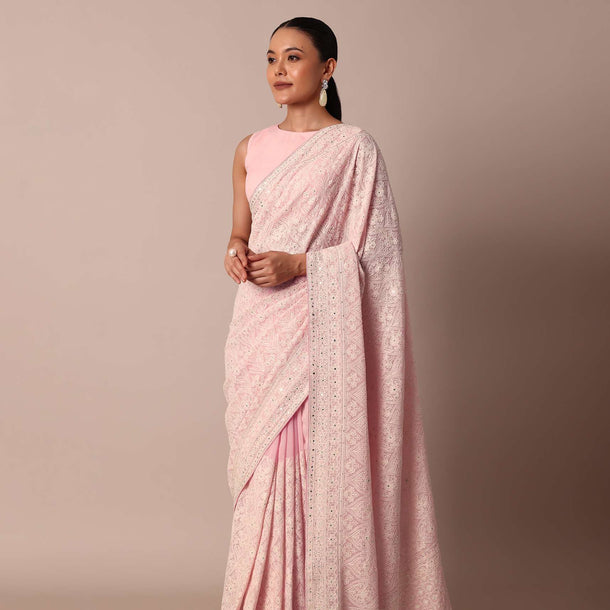 Pink Lucknowi Chikankari Saree With Sequin Embellishments