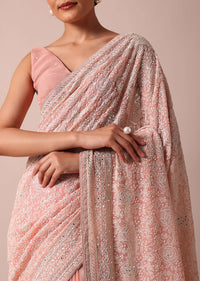 Pink Lucknowi Chikankari Saree With Sequins And Unstitched Blouse Piece