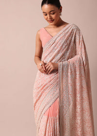 Pink Lucknowi Chikankari Saree With Sequins And Unstitched Blouse Piece