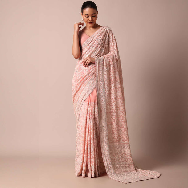 Pink Lucknowi Chikankari Saree With Sequins And Unstitched Blouse Piece