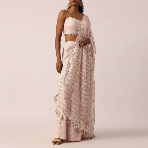 Pink Lucknowi Fusion Palazzo Set With Tassel Detail