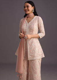 Pink Lucknowi Kurti Palazzo With Net Dupatta