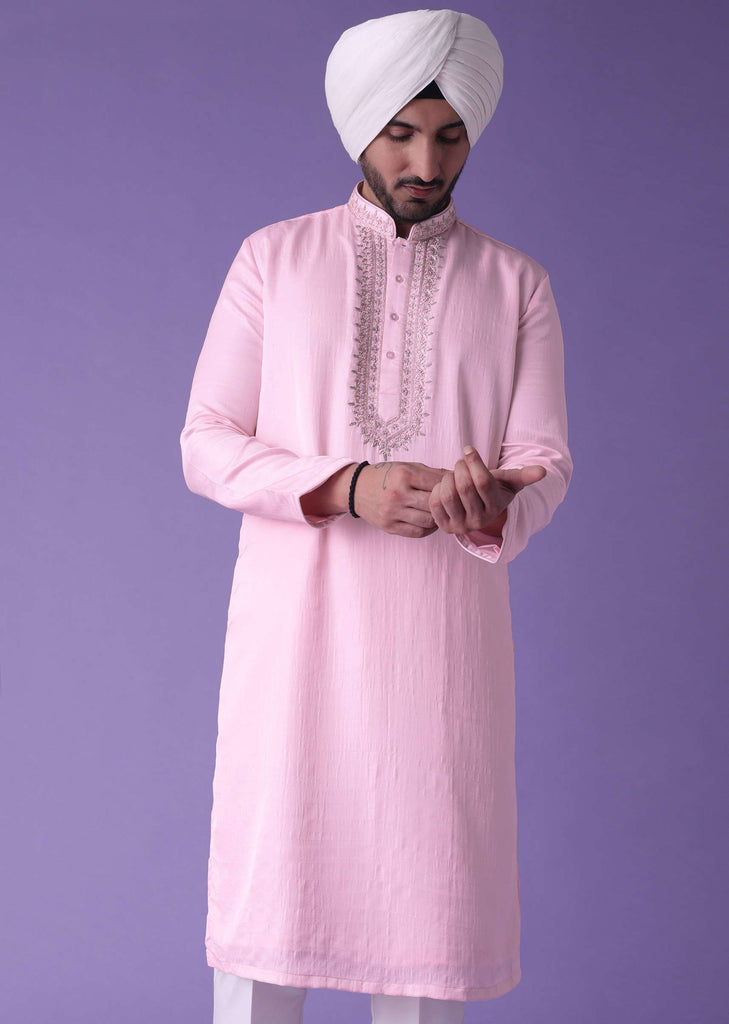 Pink Men’s Kurta Set In Raw Silk With Threadwork