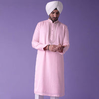 Pink Men’s Kurta Set In Raw Silk With Threadwork