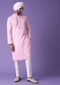 Pink Men’s Kurta Set In Raw Silk With Threadwork