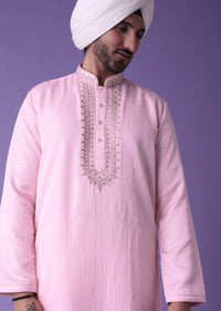 Pink Men’s Kurta Set In Raw Silk With Threadwork