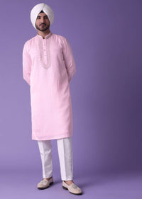 Pink Men’s Kurta Set In Raw Silk With Threadwork