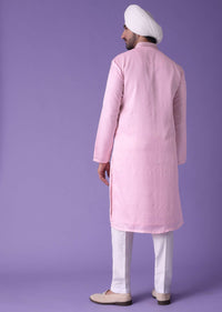 Pink Men’s Kurta Set In Raw Silk With Threadwork