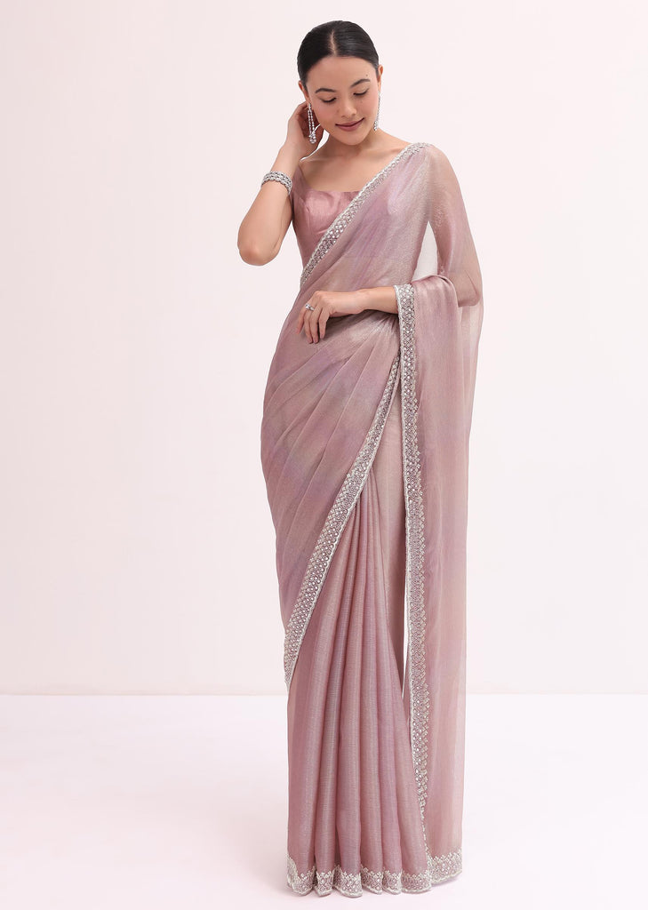 Pink Mirror Embellished Saree With Unstitched Blouse