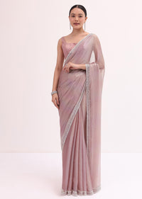 Pink Mirror Embellished Saree With Unstitched Blouse