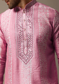 Pink Mirror Work Silk Kurta Set For Men