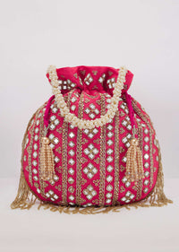 Pink Mirror Work Silk Potli With Tassels And Pearl Handle