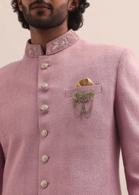 Pink Moti Embroidered Silk Nawabi Suit For Men