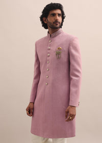 Pink Moti Embroidered Silk Nawabi Suit For Men