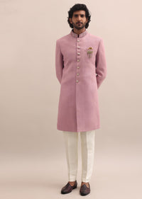 Pink Moti Embroidered Silk Nawabi Suit For Men