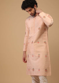 Pink Motif Handwoven Raw Silk Kurta Set