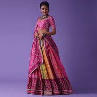 Hot Pink Multicoloured Printed Lehenga With Embroidery In Crepe