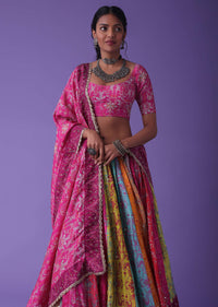 Hot Pink Multicoloured Printed Lehenga With Embroidery In Crepe