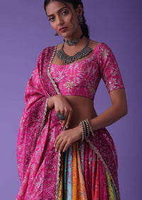 Hot Pink Multicoloured Printed Lehenga With Embroidery In Crepe