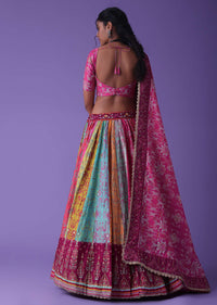 Hot Pink Multicoloured Printed Lehenga With Embroidery In Crepe