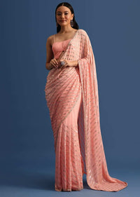 Pink Ombre Georgette Saree In Sequin With Unstitched Blouse