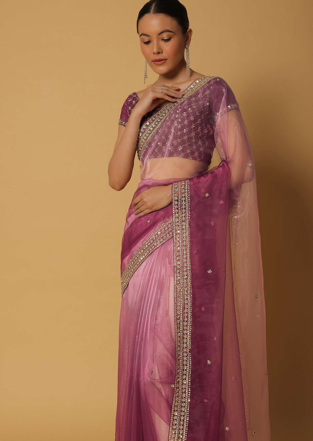 Pink Ombre Glass Organza Saree With Sequin Work Pallu And Unstitched Blouse Fabric