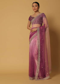 Pink Ombre Glass Organza Saree With Sequin Work Pallu And Unstitched Blouse Fabric