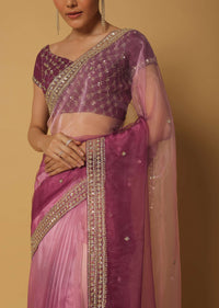 Pink Ombre Glass Organza Saree With Sequin Work Pallu And Unstitched Blouse Fabric