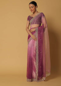 Pink Ombre Glass Organza Saree With Sequin Work Pallu And Unstitched Blouse Fabric