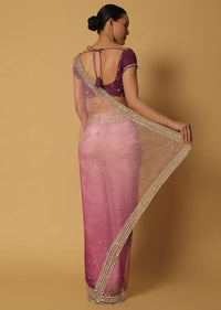 Pink Ombre Glass Organza Saree With Sequin Work Pallu And Unstitched Blouse Fabric