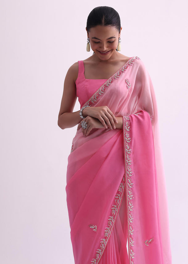 Pink Ombre Shaded Saree In Satin With Sequin Border And Unstitched Blouse Fabric