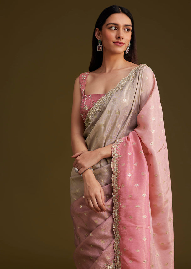 Pink Ombre Tissue Saree With Woven Butti and Scallop Border