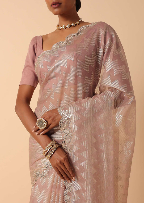 Pink Organza Foil Printed Saree With Unstitched Blouse Fabric