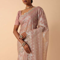 Pink Organza Foil Printed Saree With Unstitched Blouse Fabric