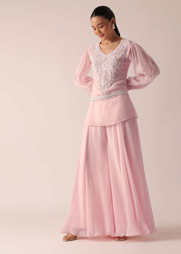 Pink Organza Kurta Palazzo Set With Mirror Work And Belt