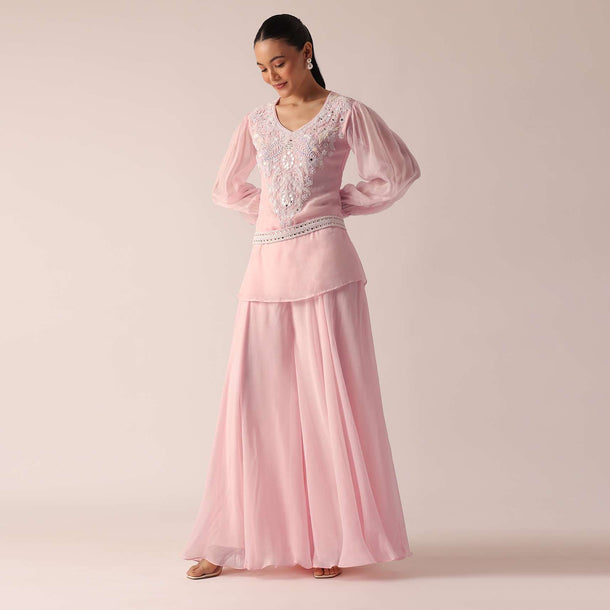 Pink Organza Kurta Palazzo Set With Mirror Work And Belt