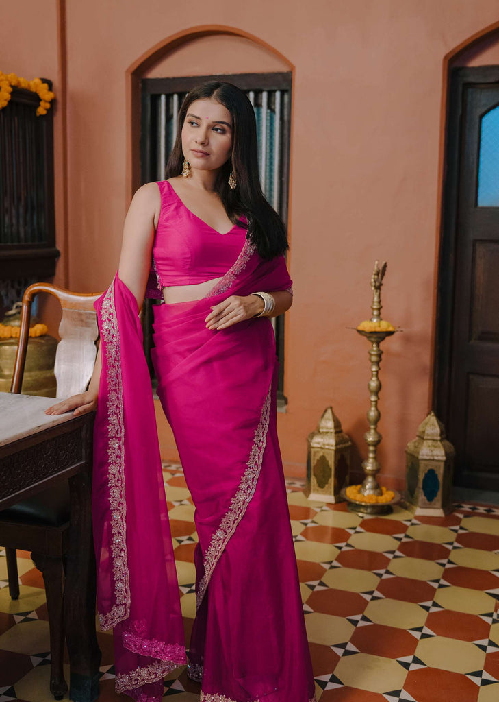 Pink Organza Saree With Cutdana Embroidery