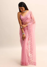 Pink Organza Saree With Cutdana Work Sequins Border Pallu And Unstitched Blouse