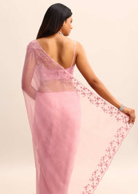 Pink Organza Saree With Cutdana Work Sequins Border Pallu And Unstitched Blouse