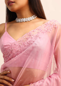 Pink Organza Saree With Cutdana Work Sequins Border Pallu And Unstitched Blouse