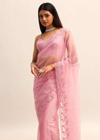 Pink Organza Saree With Cutdana Work Sequins Border Pallu And Unstitched Blouse