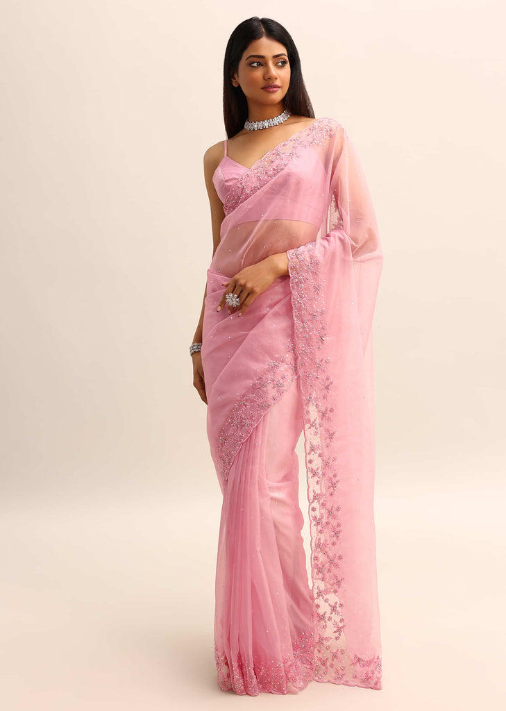 Pink Organza Saree With Cutdana Work Sequins Border Pallu And Unstitched Blouse