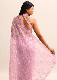 Pink Organza Saree With Embellished Scallop Border And Unstitched Blouse